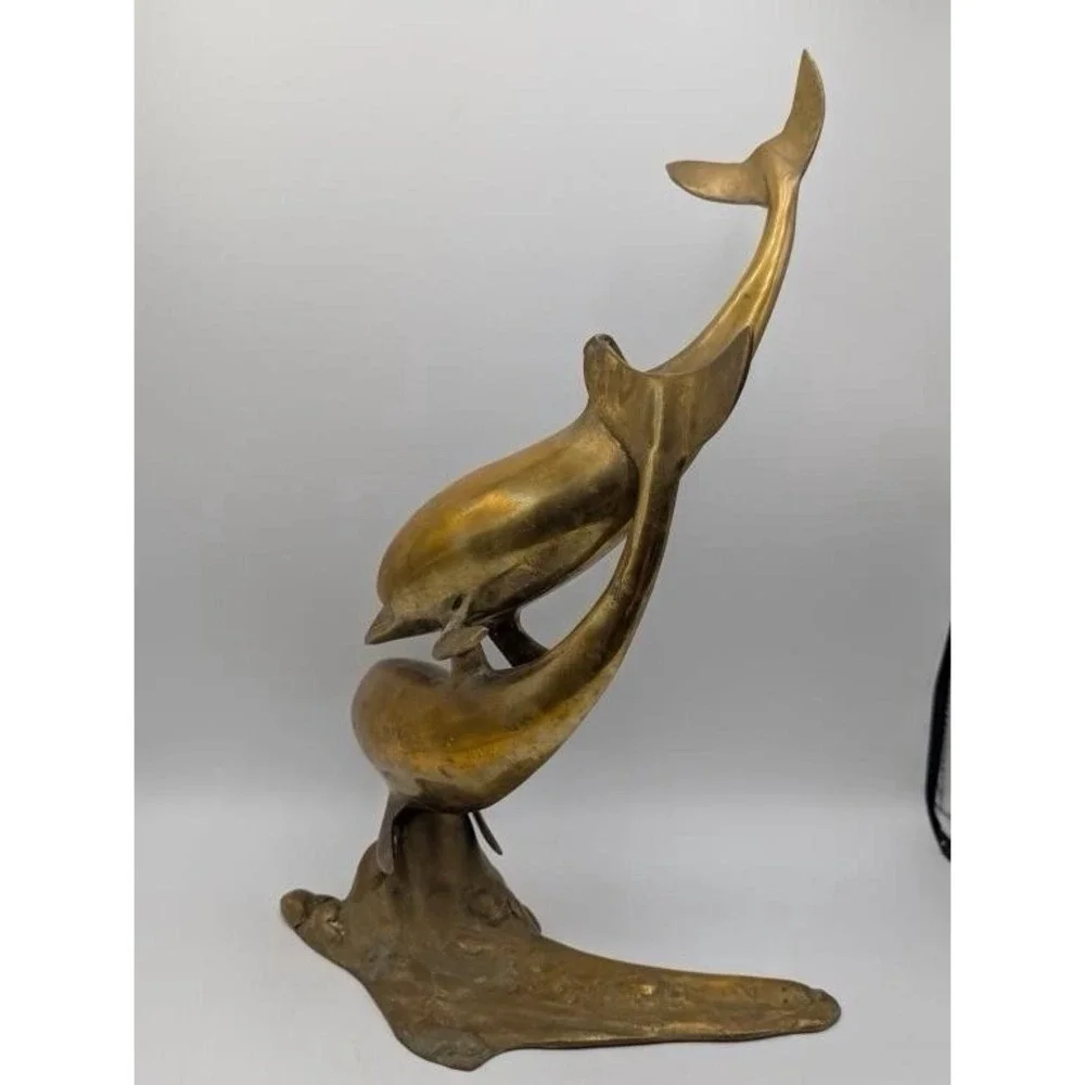 VTG 50s Large Brass Double Swimming Dolphins Sculpture MCM 15